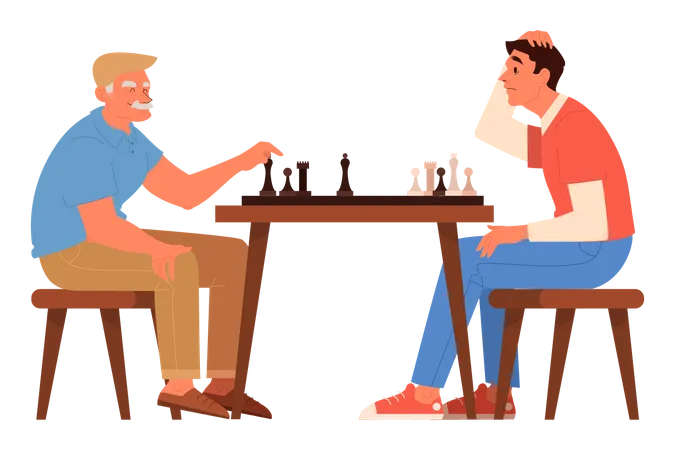 Vater und Sohn spielen zusammen Schach  Illustration