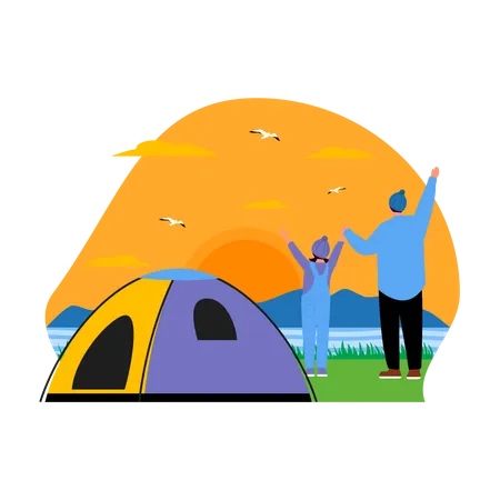 Vater und Tochter auf dem Campingplatz  Illustration