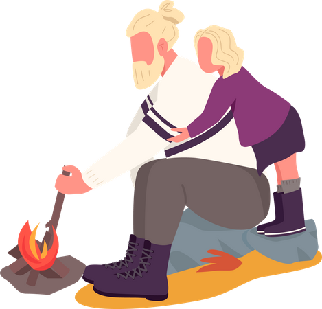 Vater und Tochter machen Feuer  Illustration