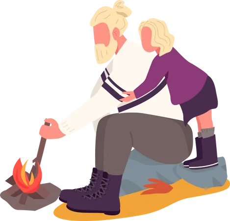 Vater und Tochter machen Feuer  Illustration