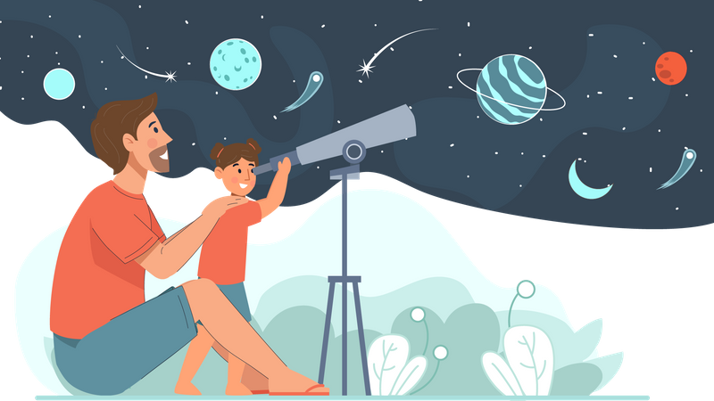 Vater und Tochter beobachten mit einem Teleskop den Weltraum  Illustration