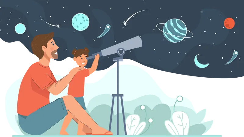 Vater und Tochter beobachten mit einem Teleskop den Weltraum  Illustration