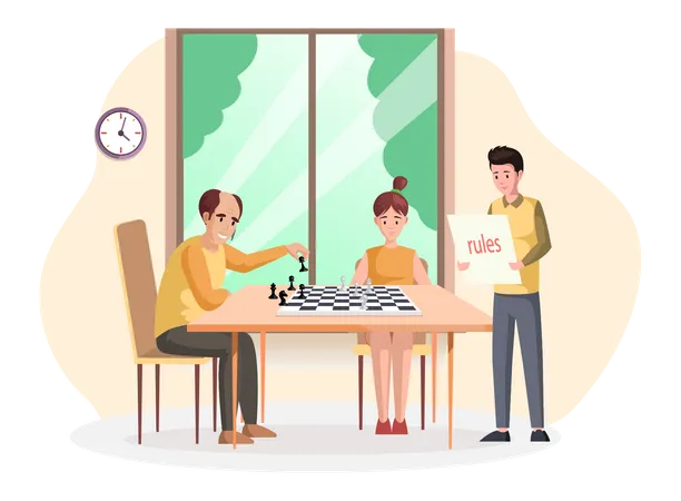 Vater und Tochter spielen Schach  Illustration