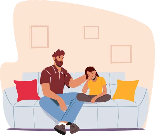 Vater und weinende Tochter sitzen auf Sofa im Zimmer  Illustration