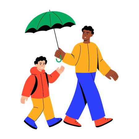 Vater zeigt Vaterschaft, indem er seinem Sohn einen Regenschirm hält  Illustration