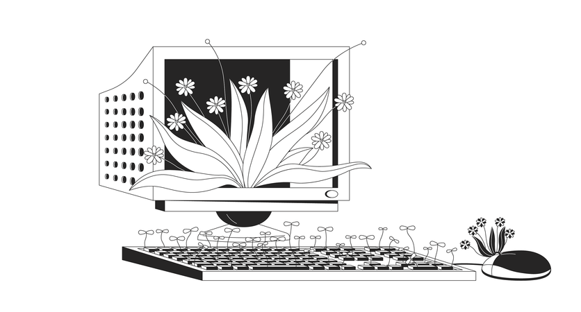 Vecchio computer con piante in crescita  Illustration