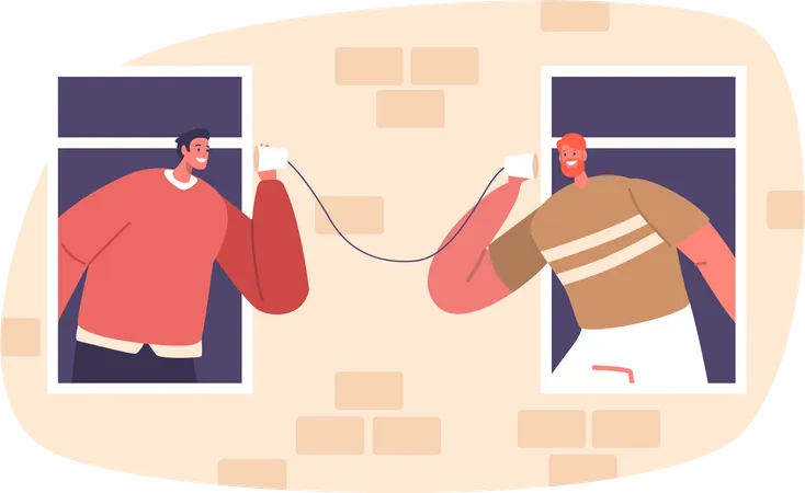 Vecinos masculinos se comunican ingeniosamente a través de un teléfono de cuerda  Ilustración