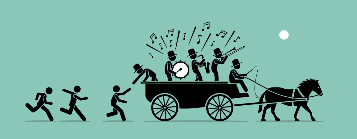 Vector artwork concept depicts people and followers chasing, joining, and jumping into a bandwagon because it is popular, famous, and trendy  Illustration