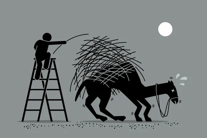 Vector artwork depicts a man putting one a straw to an already overburdened camel back. Concept depicts overworked, pressure, and final tolerable event.  Illustration