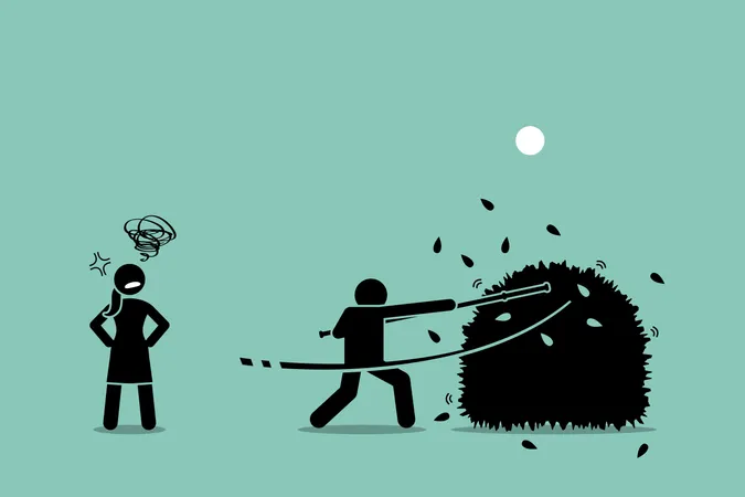 Vector artwork of a man using a stick to beat around the bushes while the woman gets annoyed by him for failing to be straight forward of what he actually wanted Illustration