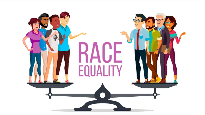 Vector De Igualdad Racial De Pie En Escalas Igualdad De Oportunidades Derechos Concepto De Tolerancia A La Diversidad Pedazo Ilustracion De Dibujos Animados Plana Aislada Ilustración