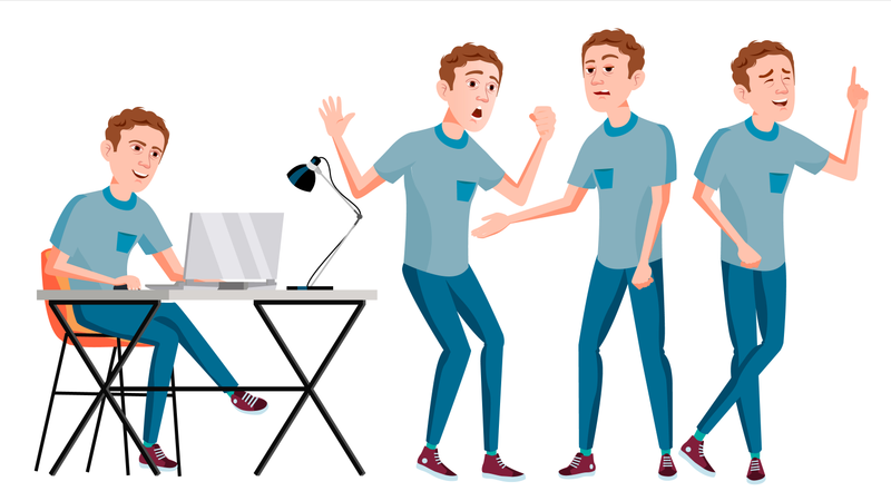 Vector de trabajador de oficina con emociones faciales y varios gestos  Ilustración