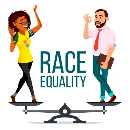 Vector De Igualdad Racial De Pie En Escalas Igualdad De Oportunidades No Racismo Raza Diferente Juntos Tolerancia Ilustracion De Dibujos Animados Plana Aislada Ilustración