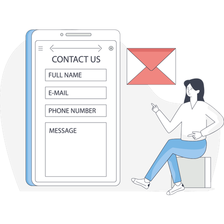 Vector illustration of a mobile phone displaying a contact us form with fields for name email and message  Illustration