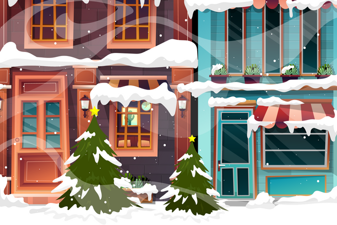 Vector illustration of Cityscape winter scenery with christmas tree and snowman in snowfall. Urban background A peaceful townscape set in snow all over Christmas. Winter city with buildings in snowy.  Illustration