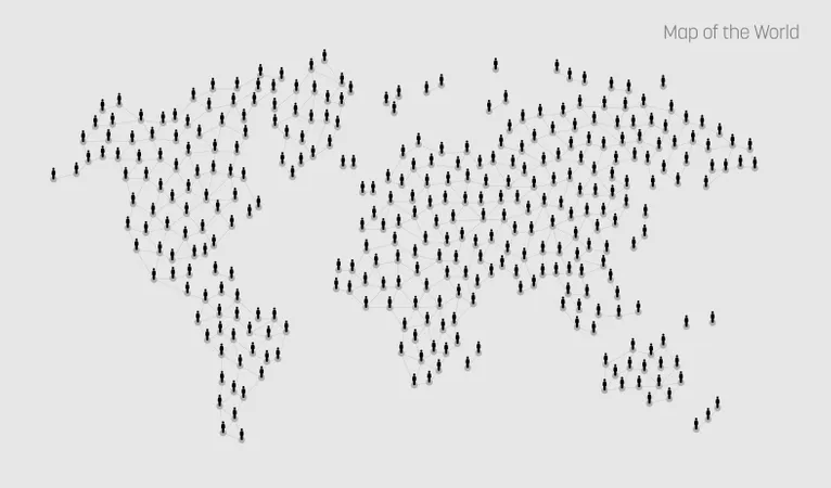 Vector map depicts people connecting through a large Internet web line and dots forming the shape of the world Illustration