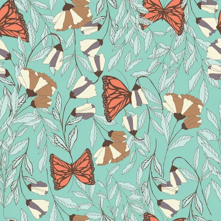 Vector traditional seamless pattern with Monarch butterflies, floral elements and spring flowers  Illustration