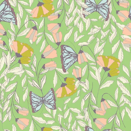Vector traditional seamless pattern with Monarch butterflies, floral elements and spring flowers Illustration