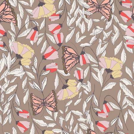 Vector traditional seamless pattern with Monarch butterflies, floral elements and spring flowers Illustration