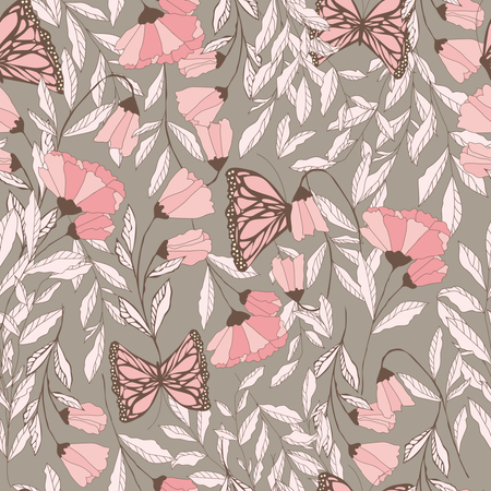 Vector traditional seamless pattern with Monarch butterflies, floral elements and spring flowers  Illustration