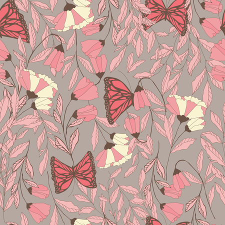 Vector traditional seamless pattern with Monarch butterflies, floral elements and spring flowers  Illustration