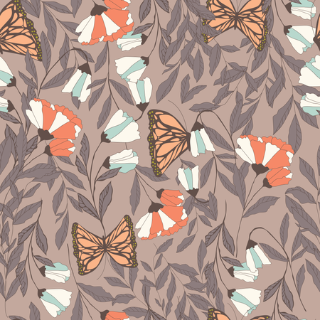 Vector traditional seamless pattern with Monarch butterflies, floral elements and spring flowers  Illustration