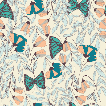 Vector traditional seamless pattern with Monarch butterflies, floral elements and spring flowers  Illustration