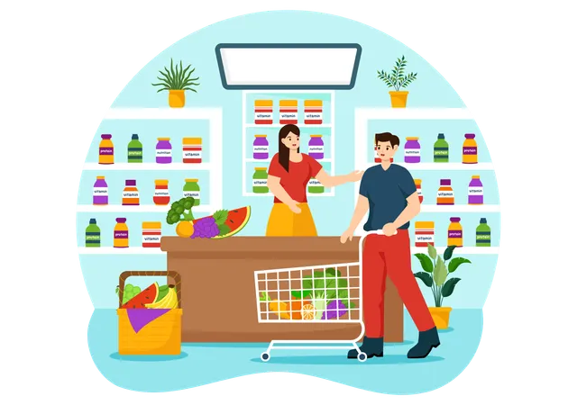 Nutrition Store Vector Illustration With Dietary Supplement Of Vitamins And Minerals Such As Fresh Fruit Or Vegetables In Flat Cartoon Background Illustration