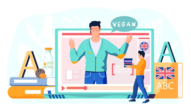 A Man Walks And Carries Books Or DV Ds In His Hands Near English Dictionary Student On Online Lesson On Veganism Teacher On Tablet Screen Explains New Topic About Vegan Products In English Illustration