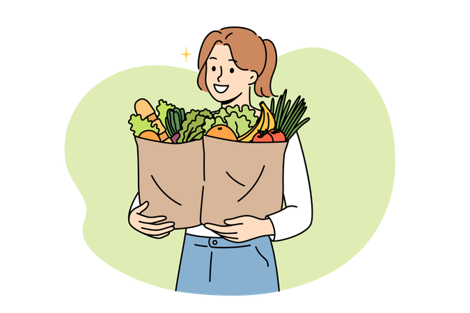 Vegan woman proudly carries paper bags with natural vegetables and fruits bought at farmers fair  Illustration