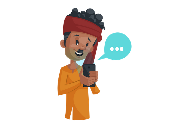 Vegetable seller is a reading message holding a mobile in hand  Illustration