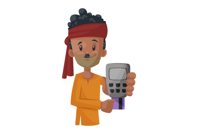 Vegetable seller is holding a swipe machine and ATM card in hand  Illustration