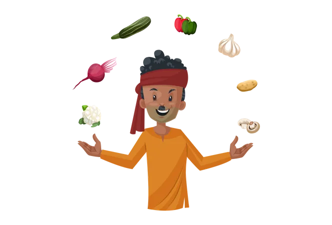 Vegetable seller is playing with vegetables  Illustration