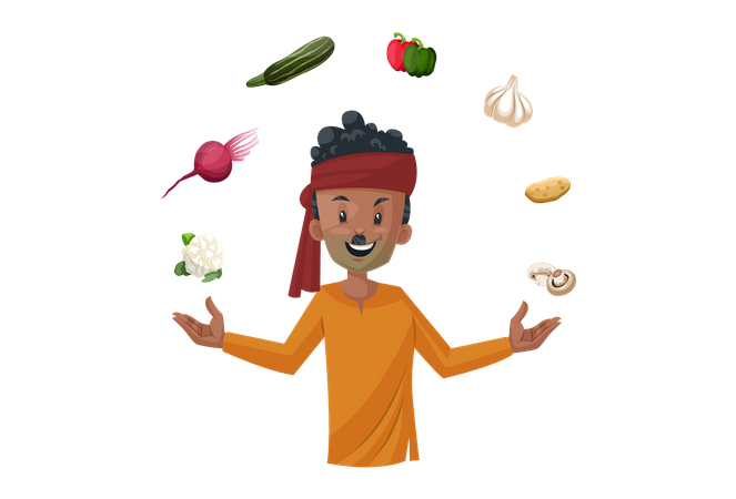 Vegetable seller is playing with vegetables  Illustration