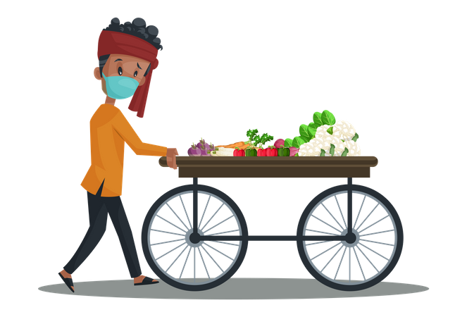 Vegetable seller is wearing mask and pushing the vegetable wooden cart  Illustration