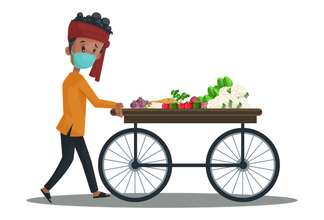 Vegetable seller is wearing mask and pushing the vegetable wooden cart  Illustration