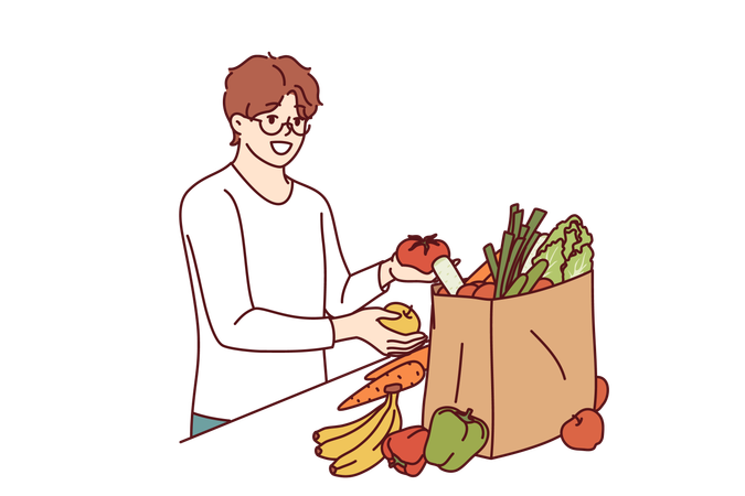 Vegetarian man takes out fresh vegetables and fruits from paper bag after going to farmer fair  Illustration