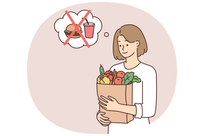 Vegetarian woman holding paper bag with fresh vegetables in hands refusing to buy fast food  Illustration