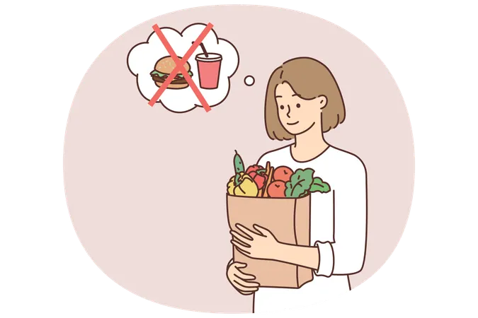 Vegetarian woman holding paper bag with fresh vegetables in hands refusing to buy fast food  Illustration