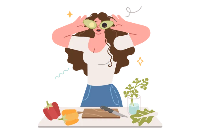 Vegetarian woman prepares salad of fresh fruits and vegetables  Illustration