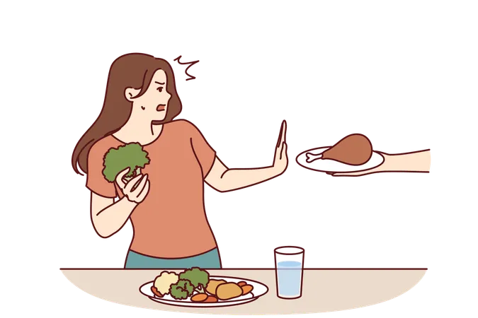 Vegetarian Woman Refuses Meat And Makes Stop Gesture In Fear While Eating Fresh Vegetables Vegetarian Girl Says No To Person Offering Junk High Calorie Food And Leads Healthy Lifestyle Illustration