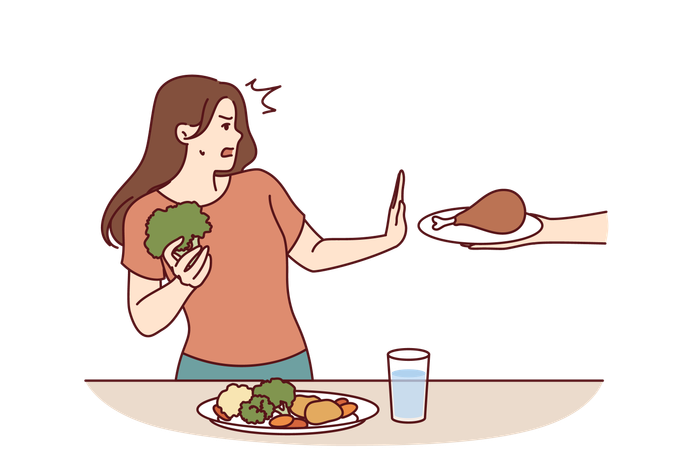 Vegetarian woman refuses meat  Illustration