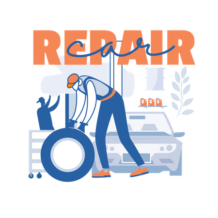 Vehicle repairman repairing car tire Illustration