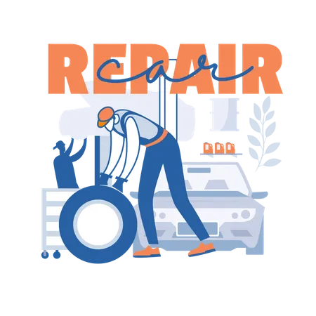 Vehicle repairman repairing car tire Illustration