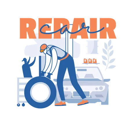 Vehicle repairman repairing car tire  Illustration