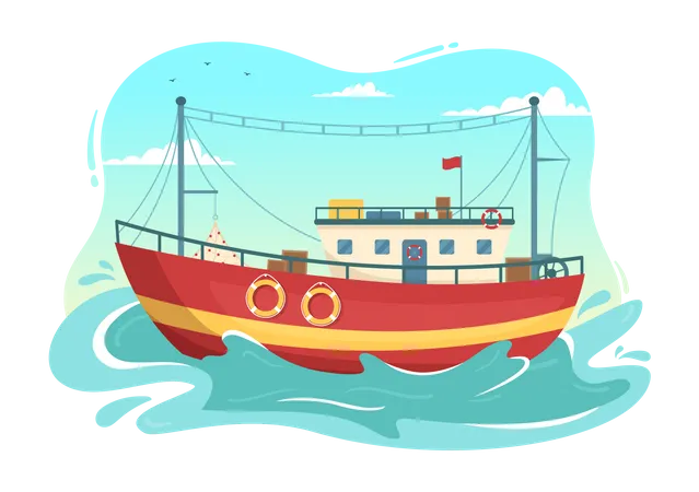 Ilustracion De Un Barco Pesquero Con Pescadores Cazando Peces Usando Un Barco Para Banner Web O Pagina De Destino En Plantillas Vectoriales Dibujadas A Mano De Dibujos Animados Planos Ilustración