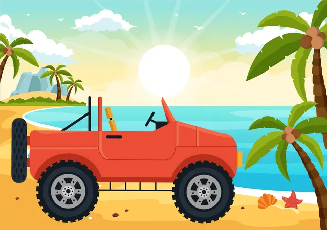 Ilustracion Todoterreno Con Un Vehiculo Jeep O SUV Para Pasar Por Terreno Rocoso Rios Y Arena En Plantillas Dibujadas A Mano De Dibujos Animados De Deportes Extremos Planos Ilustración