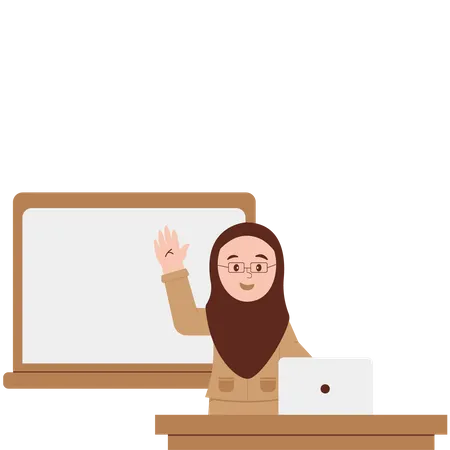 Veiled Female Teacher Greeting Students Before Starting Lesson  イラスト