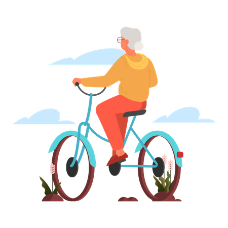 Mulher idosa andando de bicicleta ao ar livre  Ilustração