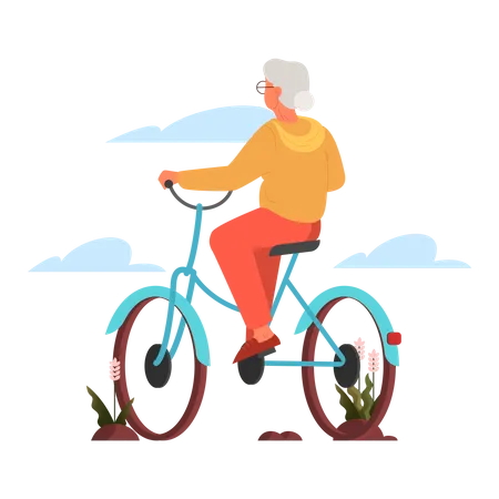 Mulher idosa andando de bicicleta ao ar livre  Ilustração